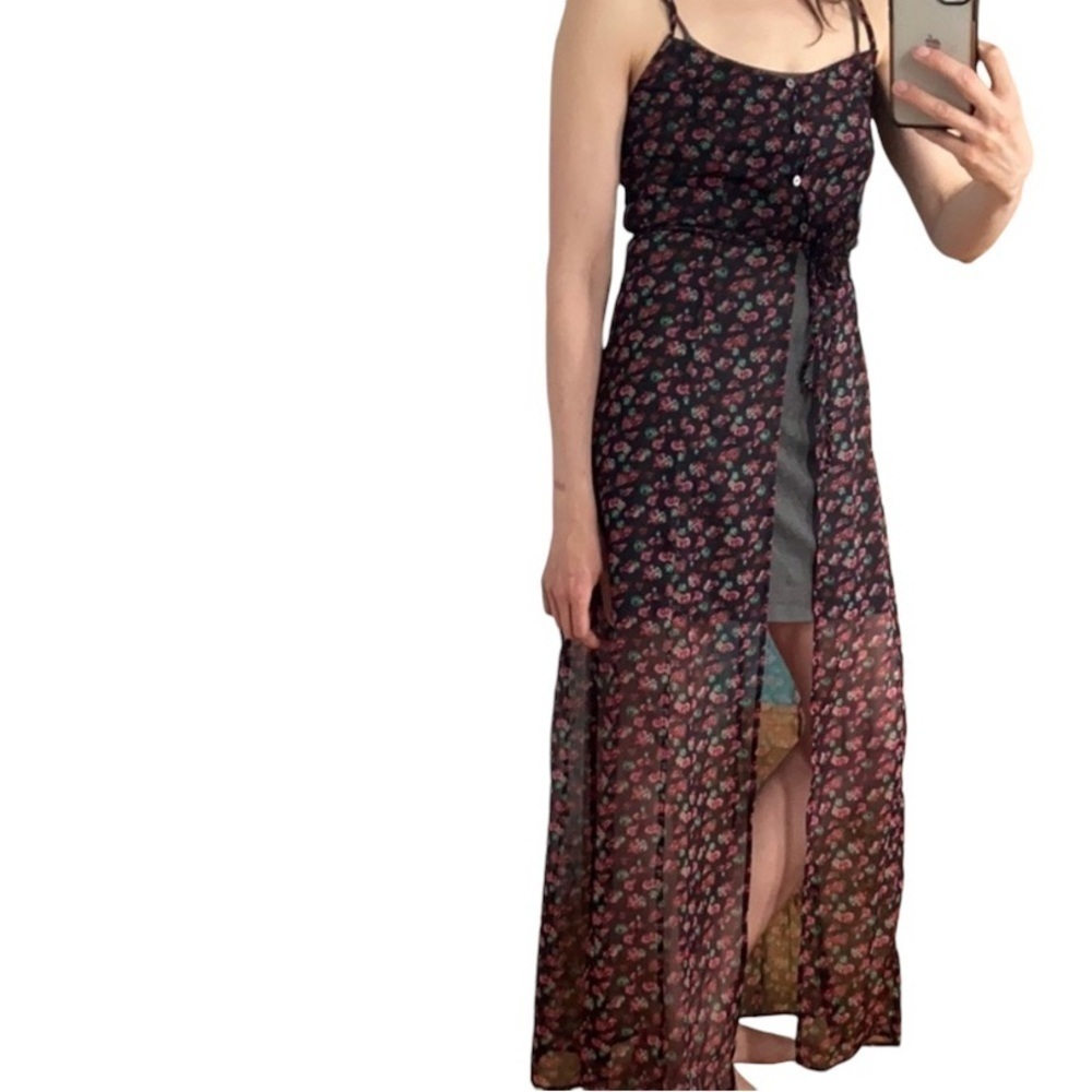 Volcom black red sheer chiffon floral rose top /party dress vacation cover up